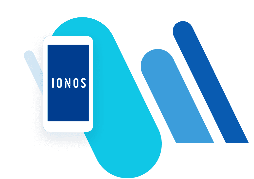 Smartphone grafisch dargestellt mit dem IONOS Logo auf dem Screen