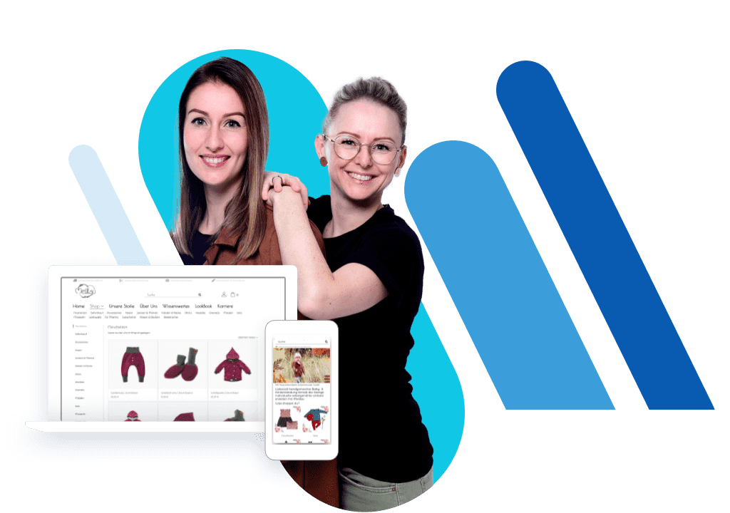 Zwei Frauenin blauen Balken und Screens einer Website mit Kinderkleidung