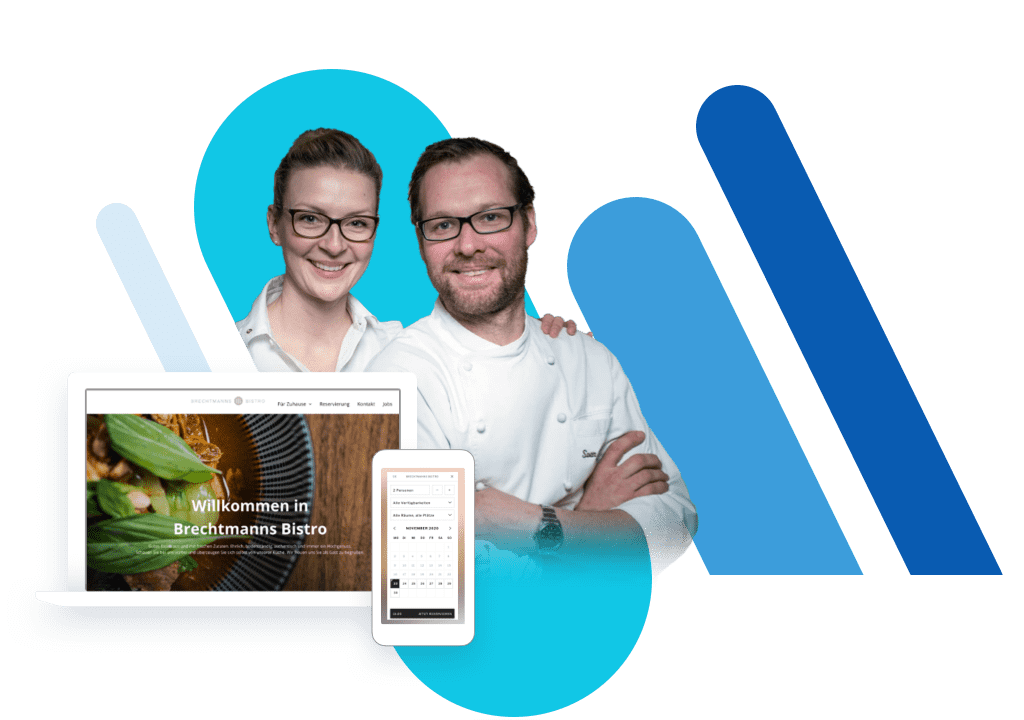Frau und Mann mit Kochjacke in blauen Balken und Screens einer Website