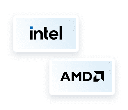 Intel und AMD Logos in schwarzer Schrift auf hellblauem Hintergrund