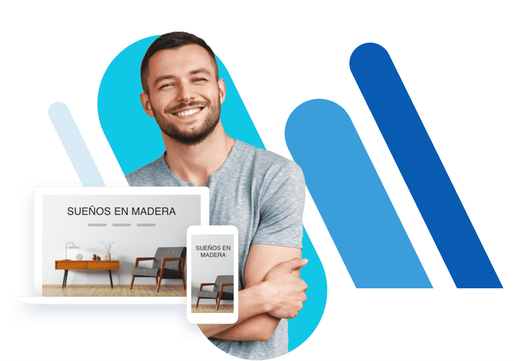MyWebsite: Screenshots der Möbeldesign-Website Finlay und eine junger, lächelnder Möbeldesigner im Hintergrund