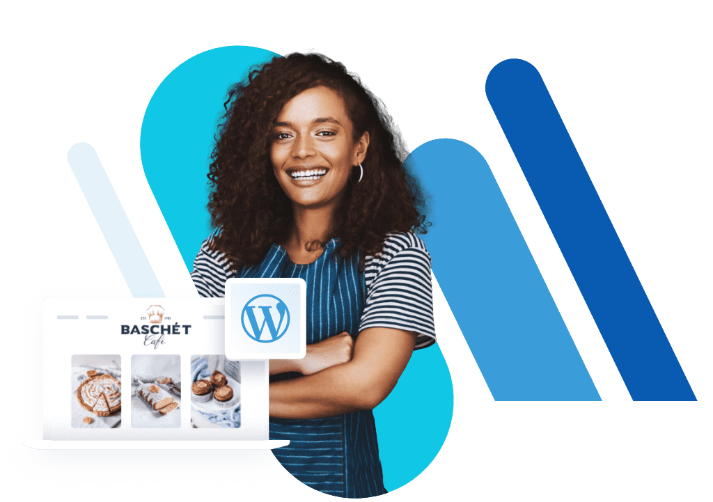 Female pastry chef standing proudly before her Managed WordPress site