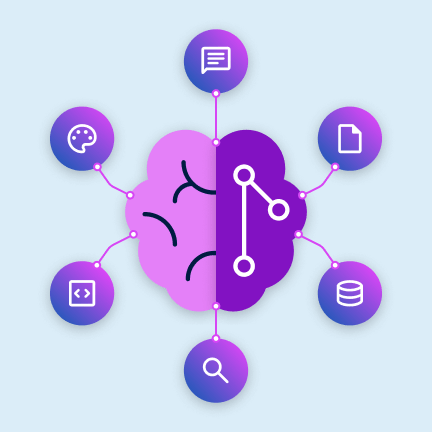 Visualisierung eines KI-Modells mit angebundenen Funktionen wie Suche, Code und Daten