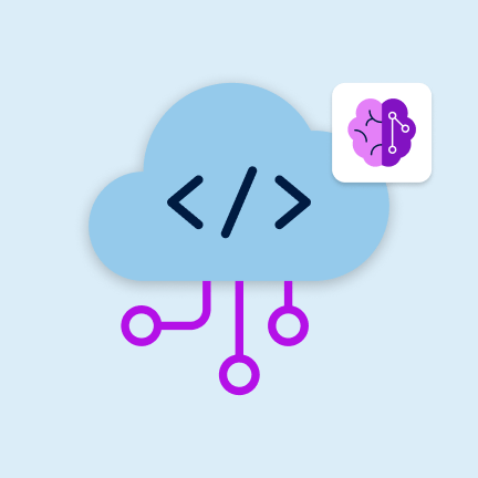 Cloud-Symbol mit Codezeichen und Verbindung zu einem KI-Modul