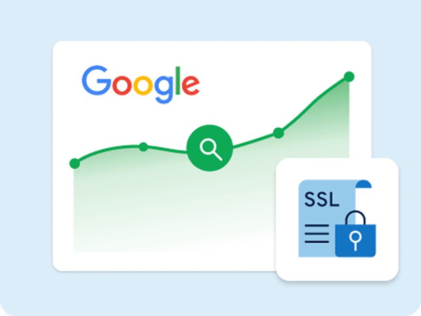 Illustration eines steigenden Google-Rankings mit Lupe sowie SSL-Zertifikat: steht für bessere Sichtbarkeit und sichere Website.