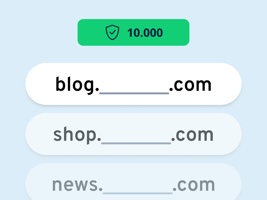 Auswahl verschiedener Subdomains wie blog, shop und news unter einer Domain; Anzeige verfügbarer Optionen mit Statushinweis.