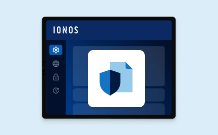 IONOS-Oberfläche mit Schutzschild: steht für vereinfachte Compliance und Einhaltung von Sicherheitsstandards.