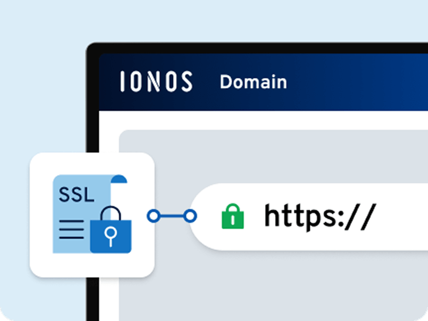 IONOS-Domainansicht mit SSL-Symbol und https://-Adresse: steht für eine verschlüsselte und sichere Website-Verbindung.