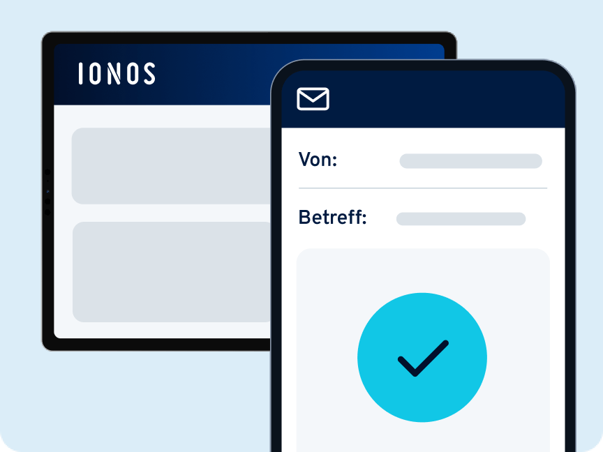 IONOS-Oberfläche mit E-Mail-Fenster und Bestätigungshaken: steht für erfolgreich eingerichtete und funktionierende E-Mail-Kommunikation.