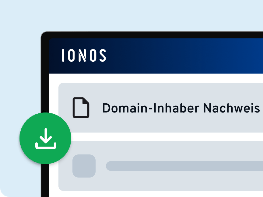 IONOS-Oberfläche mit Hinweis „Domain-Inhaber Nachweis“ und Download-Symbol: steht für den Nachweis und die Dokumentation der Domain-Inhaberschaft.