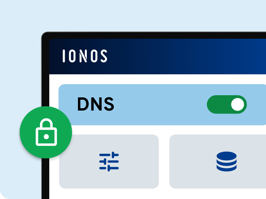 IONOS-Oberfläche mit aktiviertem DNS-Schalter und Schloss-Symbol: steht für sichere und geschützte DNS-Verwaltung.