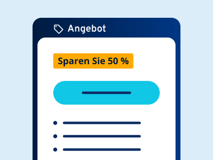Angebotsseite in der IONOS-Oberfläche mit hervorgehobener Rabattaktion „Sparen Sie 50 %“ und Tarifdetails.