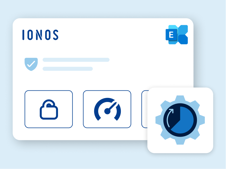 IONOS-Oberfläche mit Server- und Sicherheits-Icons: steht für vollständig verwaltete Exchange-Server ohne eigenen Aufwand.