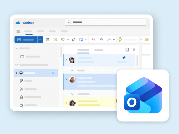 Microsoft Outlook-Oberfläche mit einer Posteingangsansicht und dem Outlook-App-Symbol.