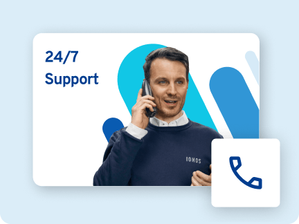 Kundensupport-Mitarbeiter am Telefon mit 24/7 Support-Hinweis und Anrufsymbol