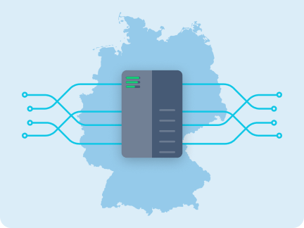 Hosting-Visualisierung mit Server und Deutschlandkarte im Hintergrund.