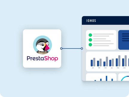 PrestaShop-Logo verknüpft mit IONOS Dashboard zur einfachen Einrichtung.