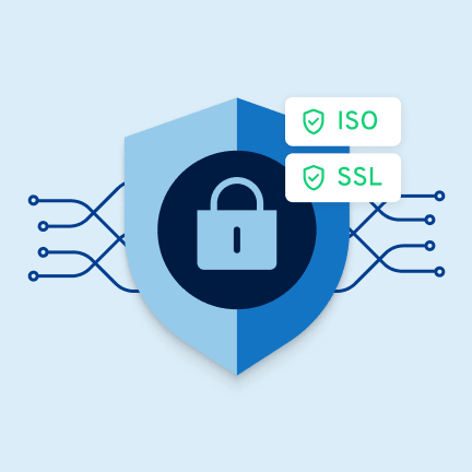 Schutzschild mit Schloss und Labels „ISO“ und „SSL“: steht für maximale Sicherheit durch verschlüsselte Datenübertragung und zertifizierte Rechenzentren.