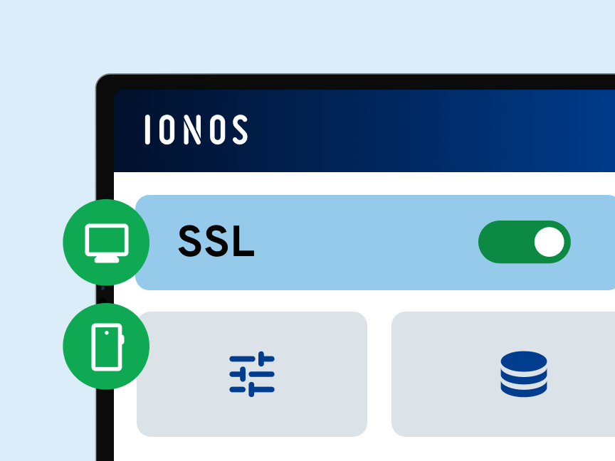 IONOS-Oberfläche mit aktiviertem SSL-Schalter und Sicherheits-Symbolen: steht für eingeschaltete SSL-Verschlüsselung und geschützte Datenübertragung.