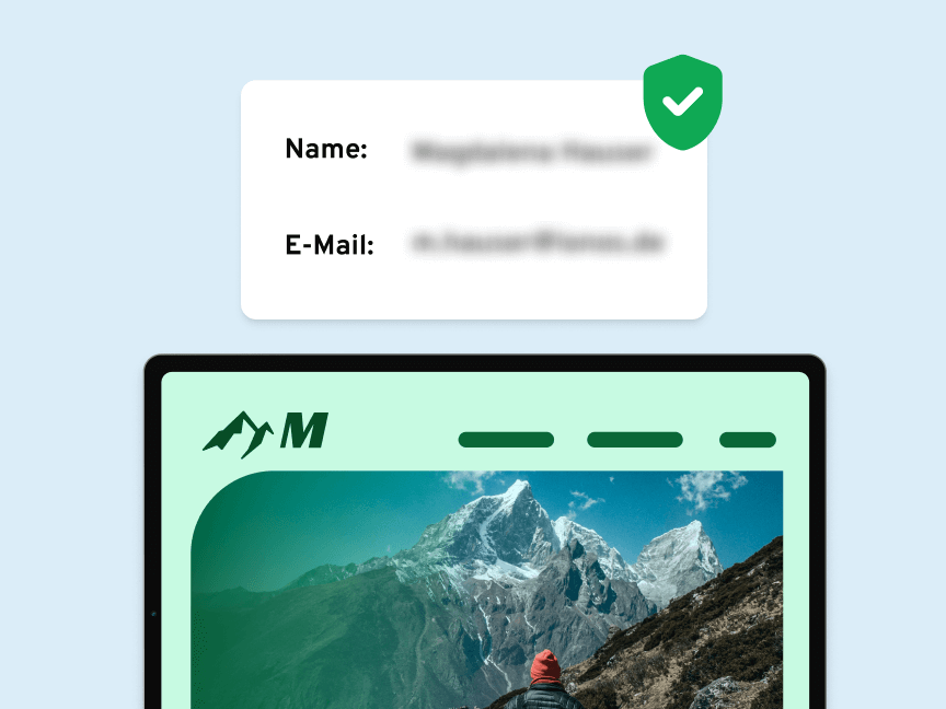 Formular mit bestätigten Nutzerdaten und Website-Ansicht mit Häkchen: steht für verifizierte Identität und sichere, vertrauenswürdige Website.