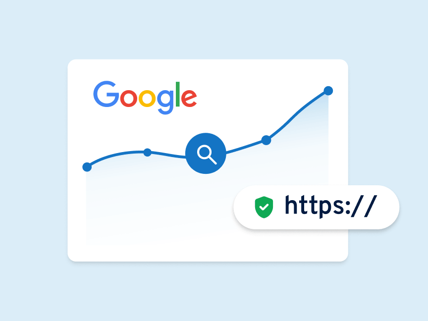 Google-Ranking mit steigender Kurve und HTTPS-Hinweis: steht für bessere Sichtbarkeit durch sichere, verschlüsselte Website.