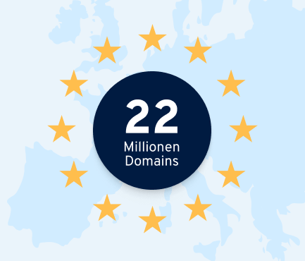 Kreis mit „22 Millionen Domains“ umgeben von EU-Sternen.