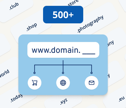 Domainfeld „www.domain.___“ mit Symbolen für Shop, Website und E-Mail.