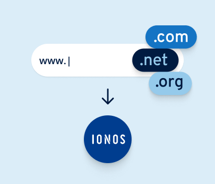 Eingabefeld mit Domainendungen wie .com, .net und .org über dem IONOS-Logo.