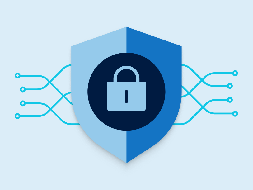 Schild mit Schloss und Netzwerkverbindungen als Symbol für DDoS Protection
