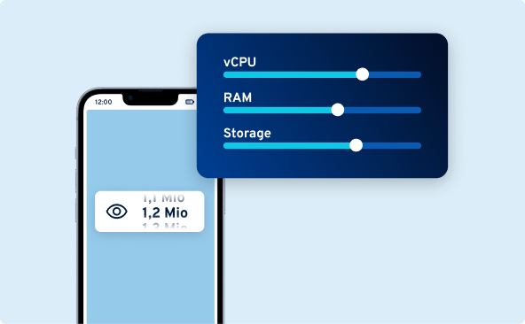Smartphone mit Zugriffszahlen und Reglern für vCPU, RAM und Storage: steht für automatisch skalierende Apps und flexible Anpassung der Serverressourcen.