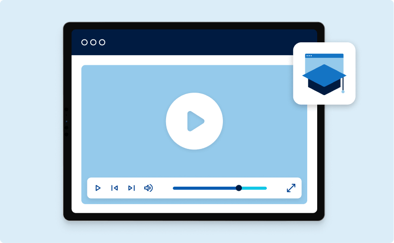 Video-Player mit Lerninhalten und Skalierungs-Symbol: steht für On-Demand-Trainings und flexibel bereitgestellte Lerninhalte.