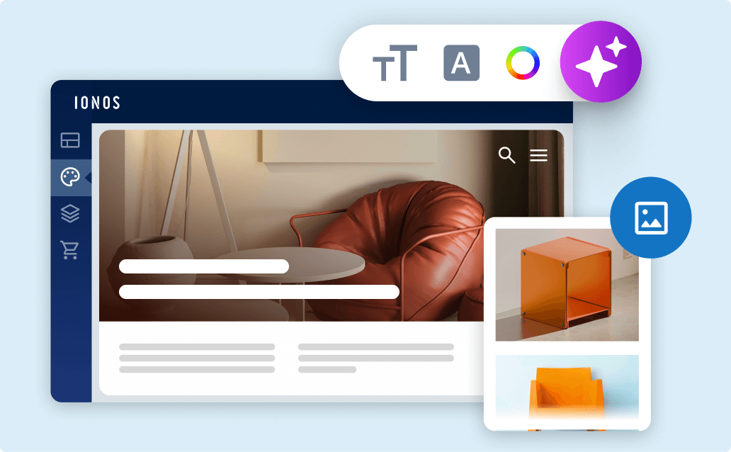 Website-Editor mit Layout- und Design-Tools sowie Bildauswahl: steht für einfaches Erstellen und Anpassen von Webseiten.