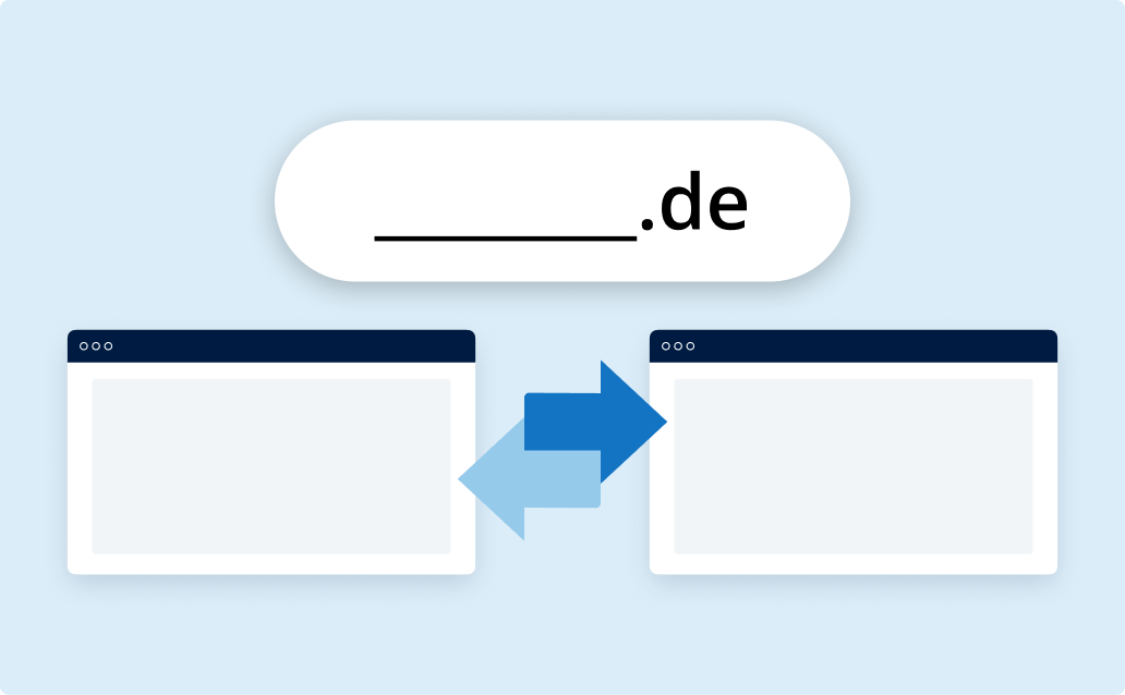 Zwei Systeme mit Pfeilen und .de-Domain darüber: steht für den Transfer einer Domain zwischen Anbietern.