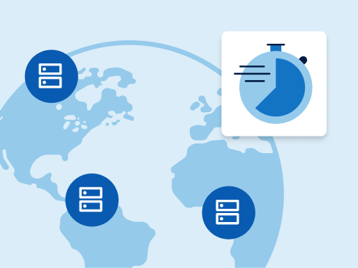 Weltkarte mit verteilten Server-Symbolen und Analyse-Icon: steht für globale Domain-Sicherheit und Überwachung.