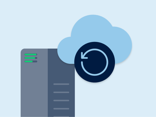 Server mit Cloud und rotierendem Pfeil: steht für Backup, Wiederherstellung und kontinuierliche Datensicherung.
