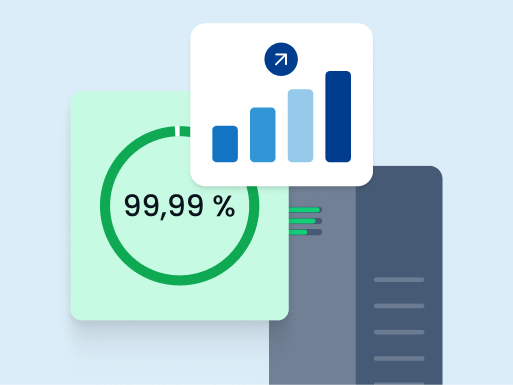 Server mit Anzeige „99,99 %“ und steigender Grafik: steht für hohe Verfügbarkeit und zuverlässige Performance.