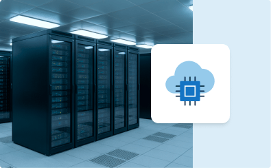 Rechenzentrum mit Cloud- und Chip-Icon: steht für Compute Engine / IaaS als skalierbare Cloud-Infrastruktur.