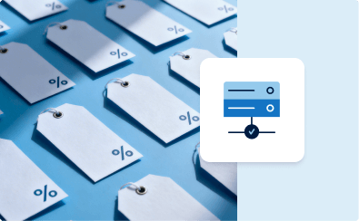 Preisschilder mit Rabatt-Symbol und Server-Icon: steht für Server Power Deals mit leistungsstarker Hardware zu günstigen Preisen.