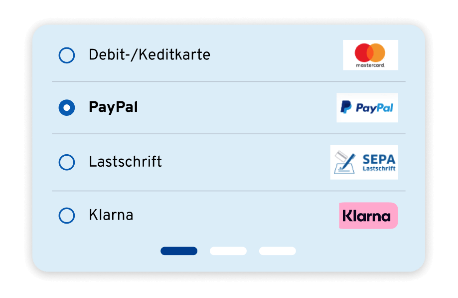 Auswahl zwischen Debit-/Kreditkarte, PayPal, Lastschrift und Klarna