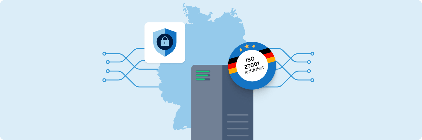 Server vor Deutschlandkarte mit Schloss-Symbol und ISO-27001-Zertifikat: steht für sichere, zertifizierte Infrastruktur und Datenschutz nach deutschen Standards.