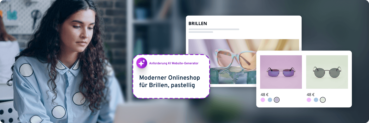 Frau betrachtet pastelligen Onlineshop für Brillen, generiert mit KI-Website-Generator.