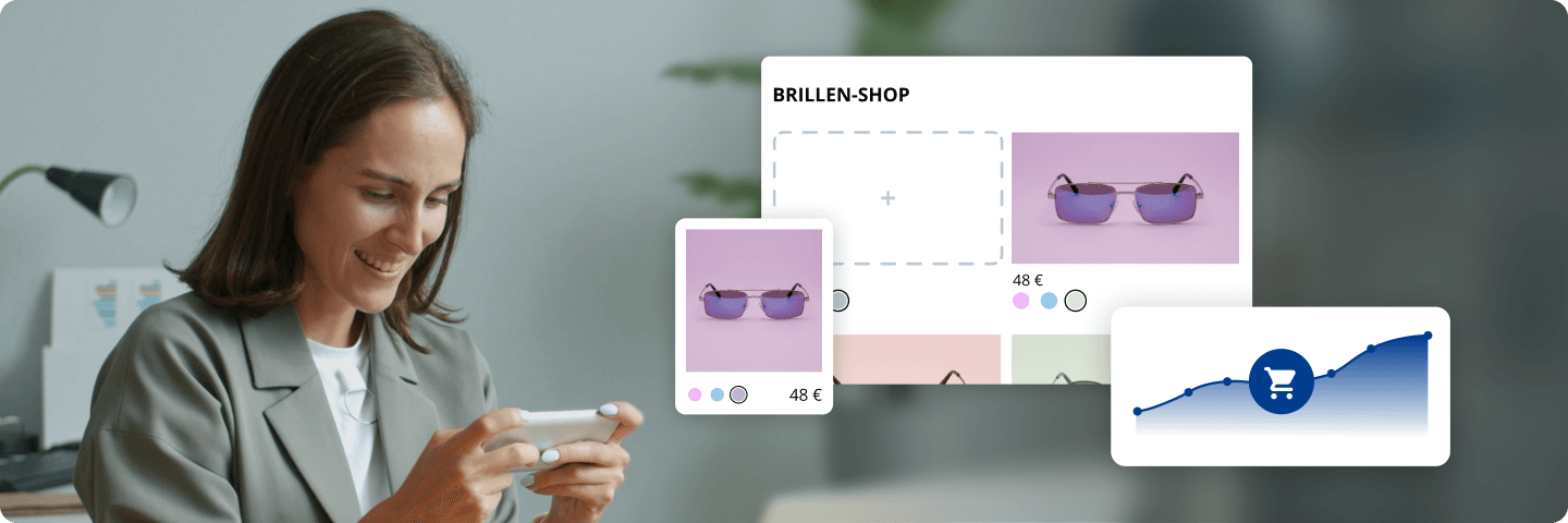 Frau erstellt mit Smartphone einen Brillenshop; Verkaufsverlauf zeigt steigenden Umsatz.