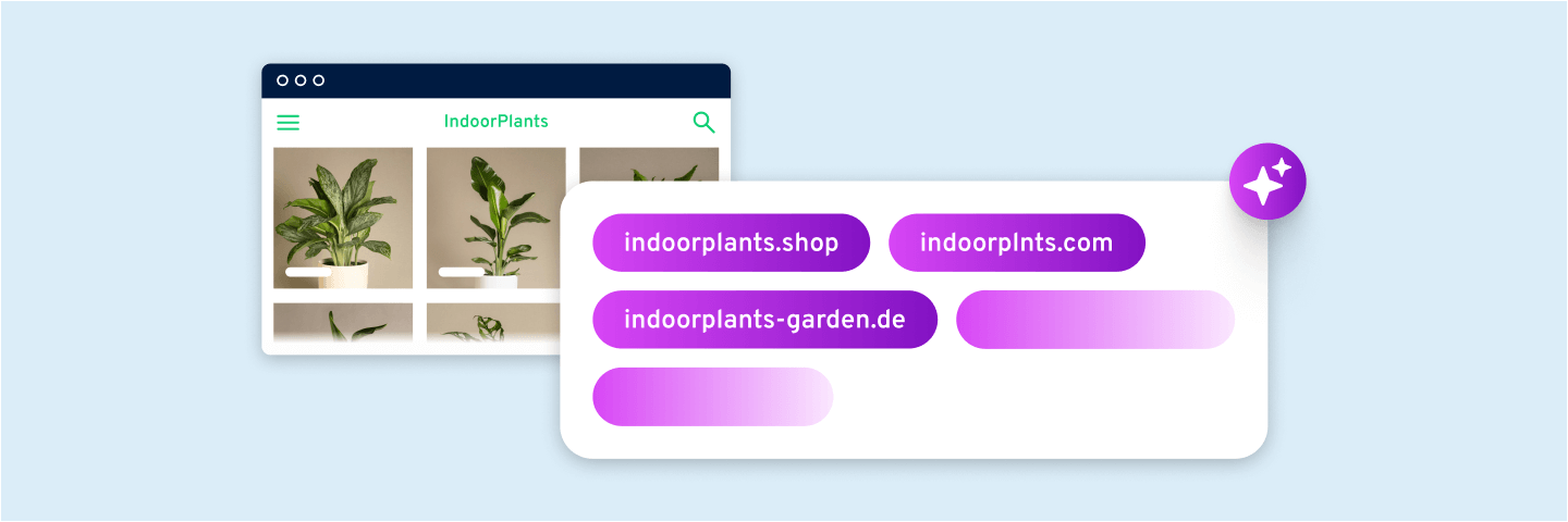 Website für Zimmerpflanzen mit Produktübersicht; Overlay zeigt KI-generierte Domainvorschläge wie indoorplants.shop und indoorplants-garden.de: steht für schnelle, passende Domainsuche.