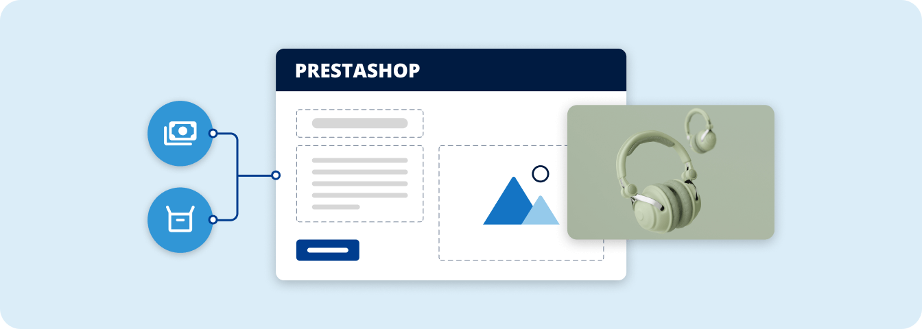 PrestaShop Backend mit Produktabbildung von Kopfhörern, verbunden mit Add-ons.