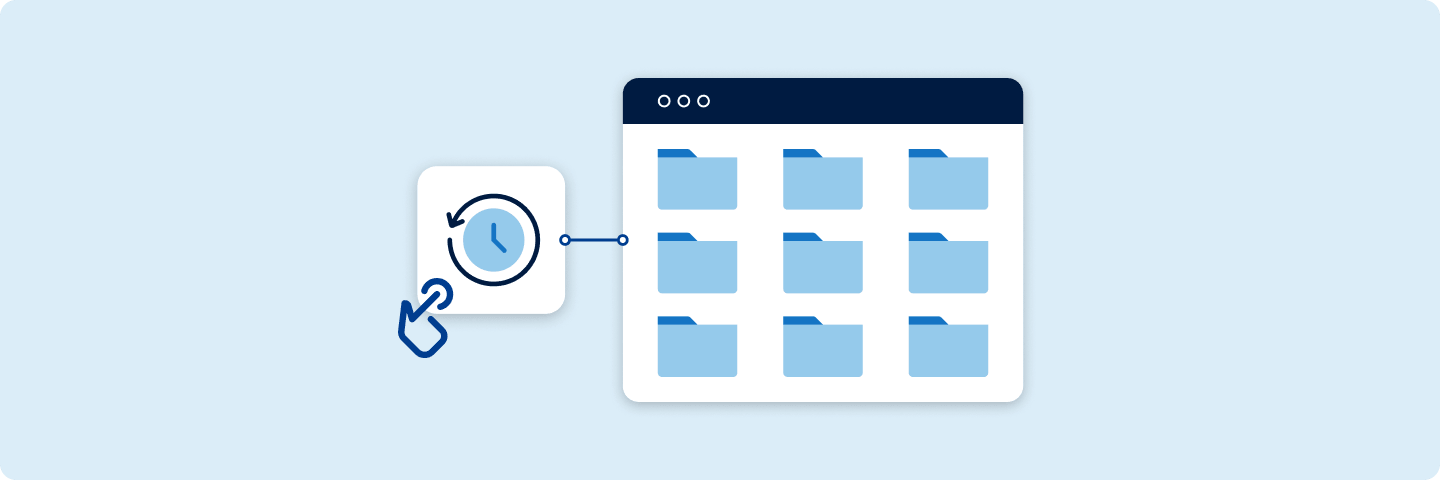 Dateiübersicht mit Ordnern, verbunden mit Uhr- und Klick-Symbol: steht für zeitgesteuerte Backups und einfache Wiederherstellung per Klick.