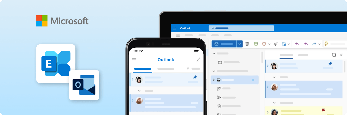 Microsoft Outlook auf Smartphone und Desktop mit Exchange- und Mail-Icons: steht für geräteübergreifenden Zugriff auf E-Mails und zentrale Unternehmenskommunikation.