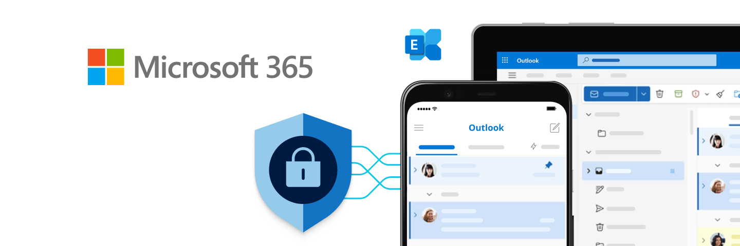 Microsoft 365-Logo mit Sicherheitsschild-Symbol, verbunden mit Outlook auf Smartphone und Tablet.