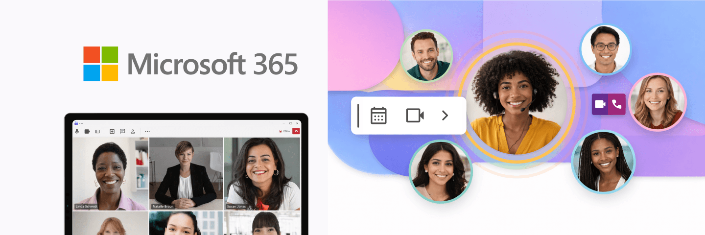 Microsoft 365-Logo mit einem Microsoft Teams-Videoanruf auf einem Laptop und runden Profilfotos von Teammitgliedern auf buntem Hintergrund.