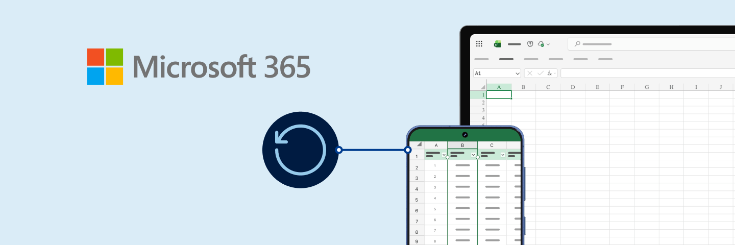 Microsoft 365 mit Excel auf Desktop und Smartphone sowie Synchronisationssymbol: steht für geräteübergreifendes Arbeiten, automatische Updates und sichere Datensynchronisation.