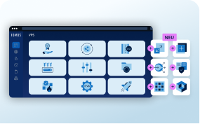 Kompakte IONOS VPS Feature-Übersicht mit Icons für Sicherheit, Skalierung und sechs neuen Funktionen NEU.